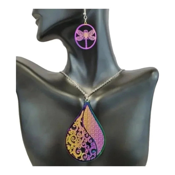 Iridescent Dragonfly Earrings and Filigree Necklace - Picture 1 of 9